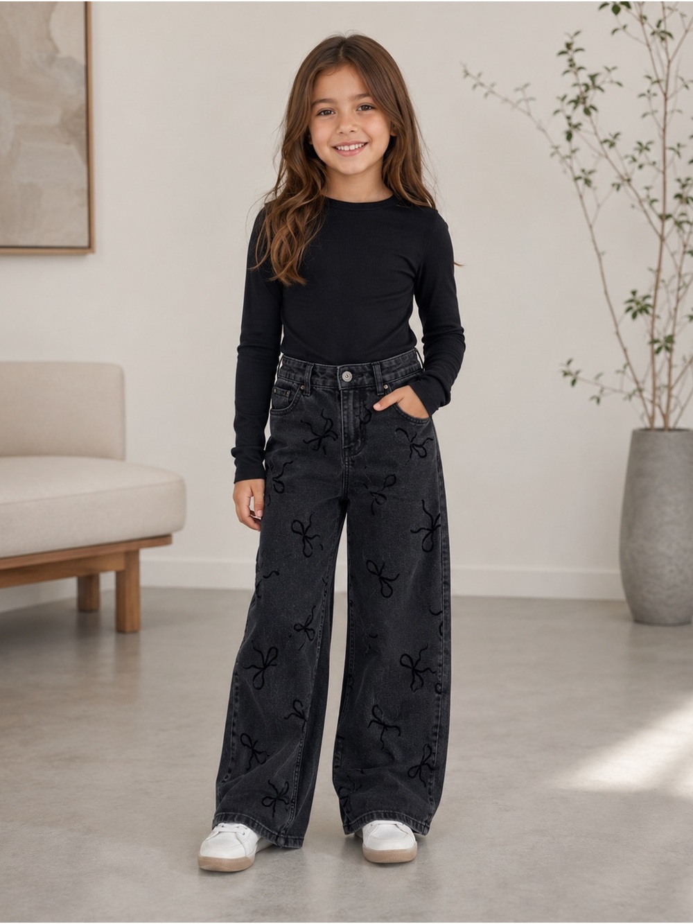 Abercrombie Girls' Black Wide-Leg Embroidered Jeans
